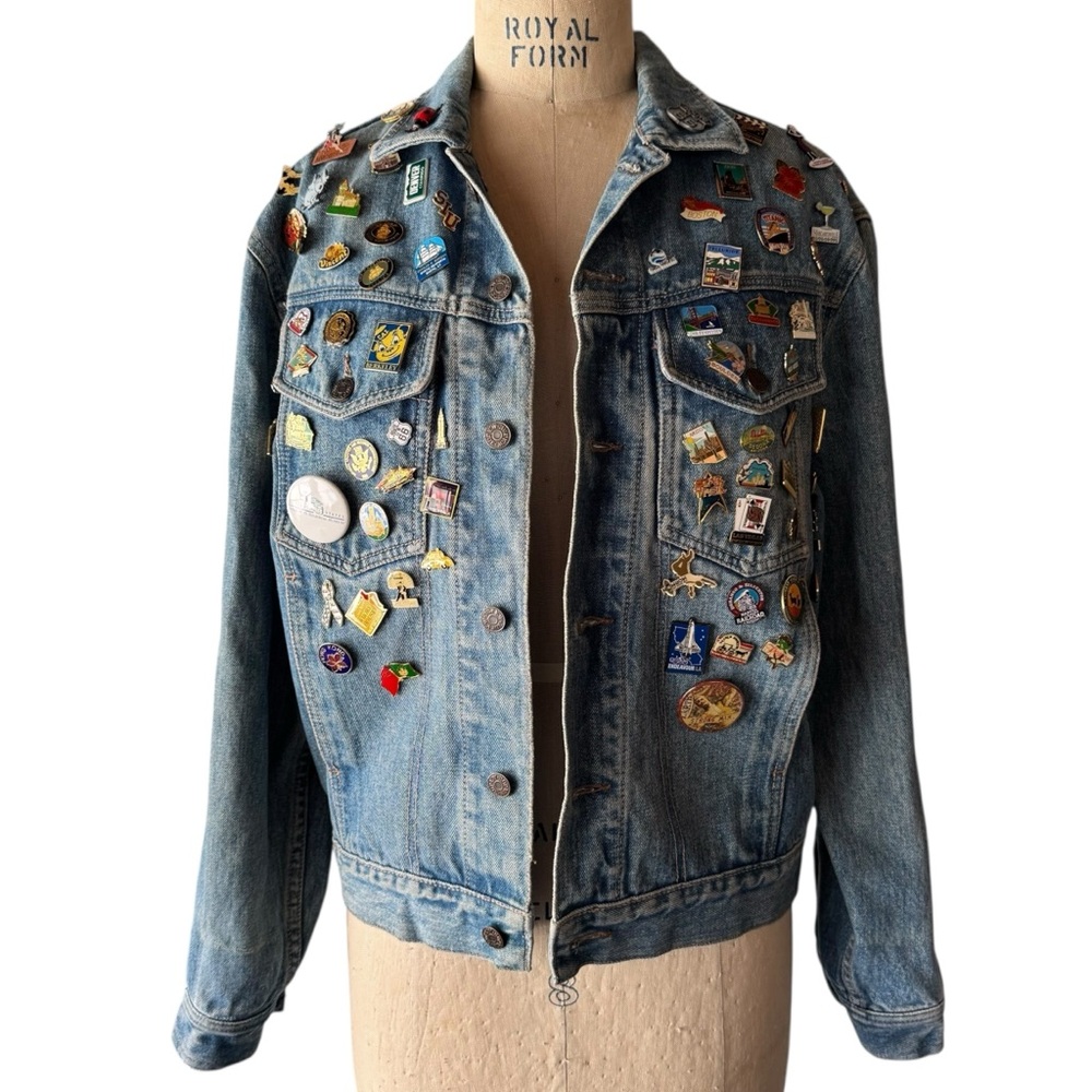 Vintage Blue Jean Jacket Embellished with Pins